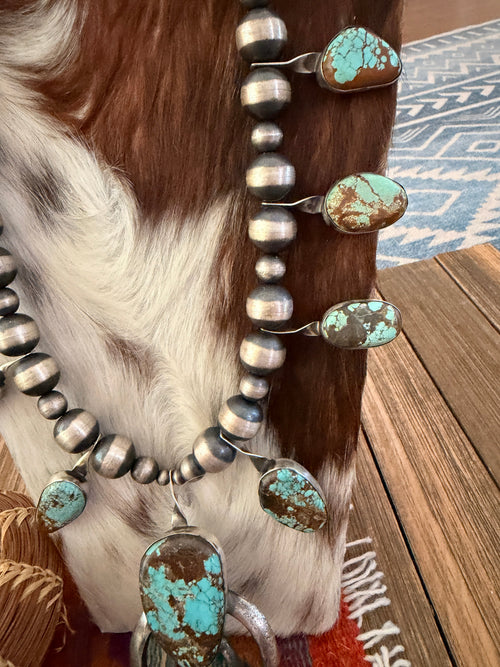 Handcrafted Number 8 Turquoise & Sterling Silver Beaded Squash Blossom Necklace by Chimney Butte