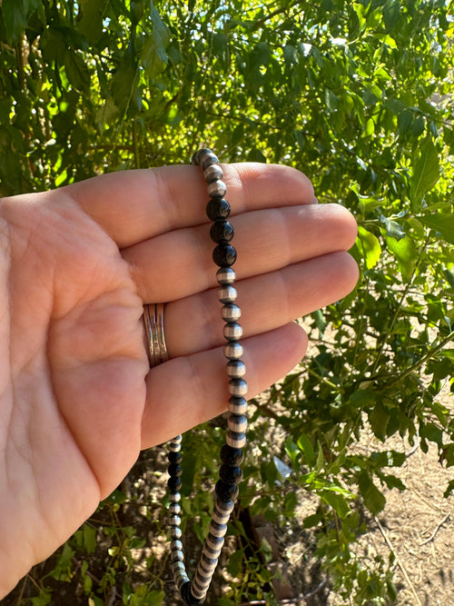 Navajo Pearl Sterling Silver & Black Onyx Beaded Necklace
