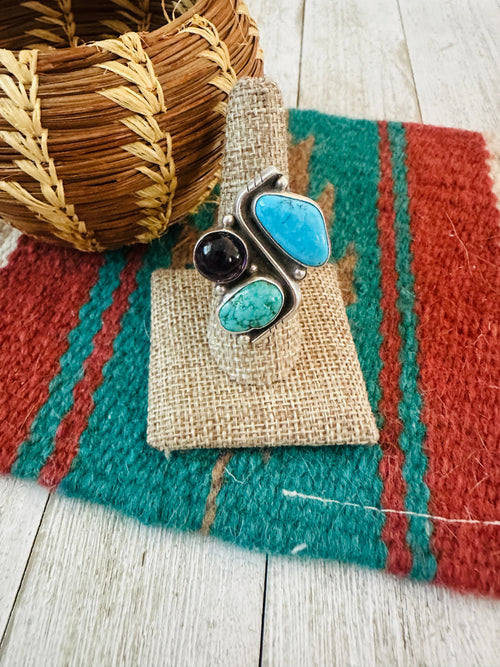 Old Pawn Navajo Sterling Silver, Turquoise & Amethyst Adjustable Ring