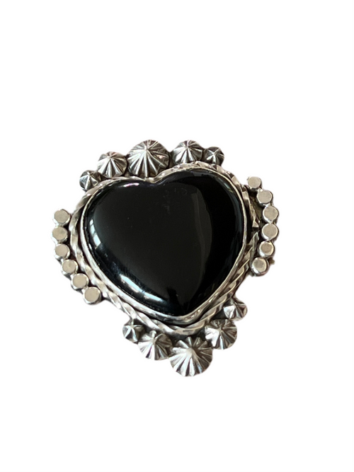 Apache Sterling Silver and Black Onyx Heart Ring by Rosella Paxson, Size 9.5