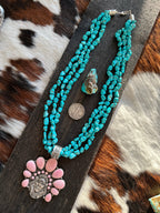 Handcrafted Sterling Silver Pink Conch Chief and Triple Strand Turquoise Nugget Bead Necklace by Patrick Yazzie