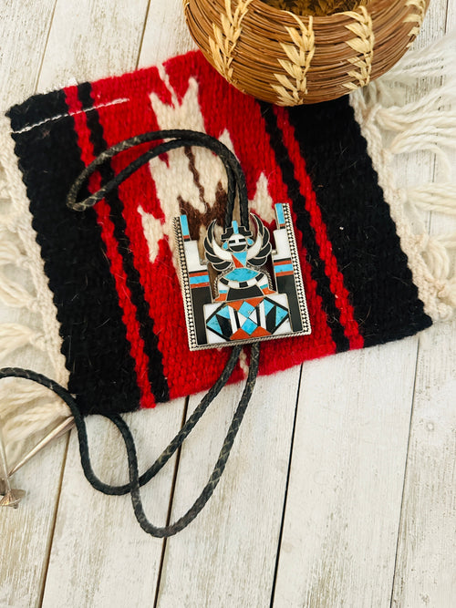 Vintage Old Pawn Zuni Multi Stone & Sterling Silver Inlay Knifewing Bolo Tie