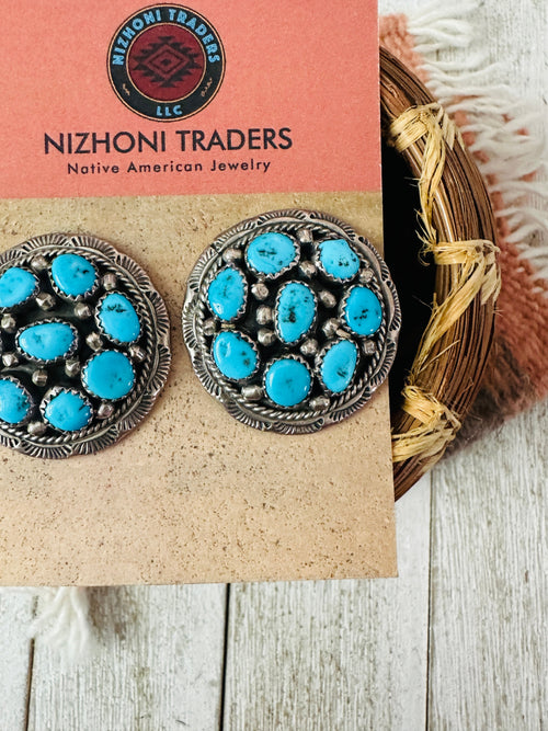 Old Pawn Navajo Sterling Silver & Kingman Turquoise Cluster Post Earrings