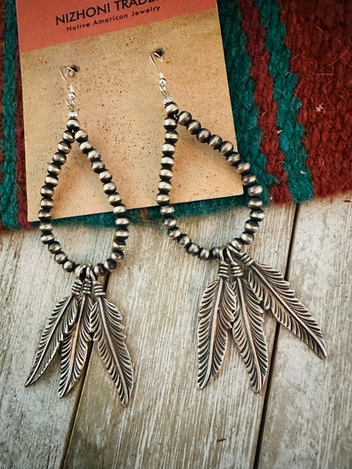 Handcrafted Sterling Silver Pearl Feather Beaded Hoop Earrings