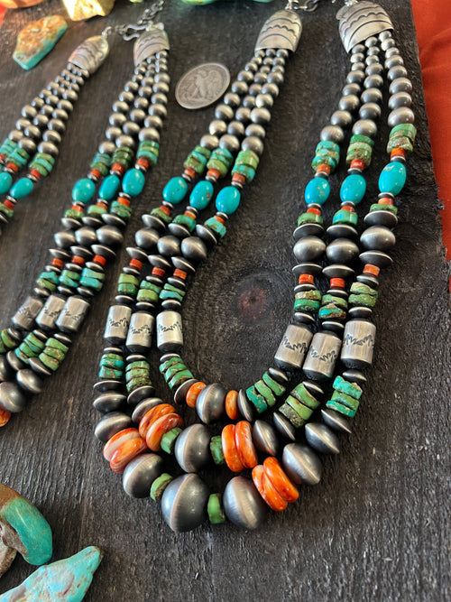 Navajo Handmade Triple Strand Sterling Silver, Spiny Oyster and Sonoran Mountain Bead Necklace by Rose Martin
