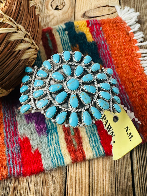 Handcrafted Old Pawn Sterling Silver & Turquoise Cluster Cuff Bracelet