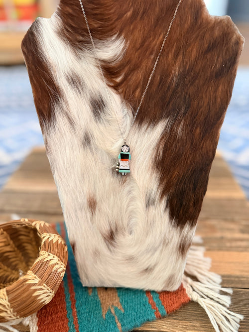 Old Pawn Handcrafted Sterling Silver and Multi Stone Inlay Maiden Girl Necklace