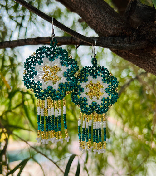 Handmade MultiColor Beaded Dangle Earrings (Green, White, & Gold)