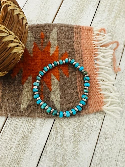 Navajo Turquoise & Sterling Silver Pearl Beaded Stretch Bracelet