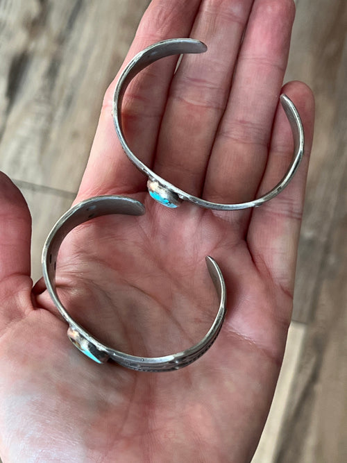 Hand Forged Old Pawn Sterling Silver & Turquoise Ingot Cuff Bracelets by Santa Fe Artist, Buffalo: The Twins