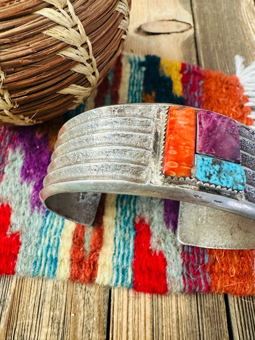 Handcrafted Old Pawn Turquoise, Spiny & Sterling Silver Inlay Cuff Bracelet by Raymond Betsoi
