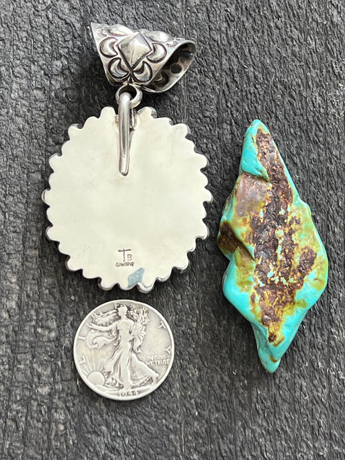 Navajo Sterling Silver, Mediterranean Coral and Spiderweb Turquoise Pendant by Tyler Brown