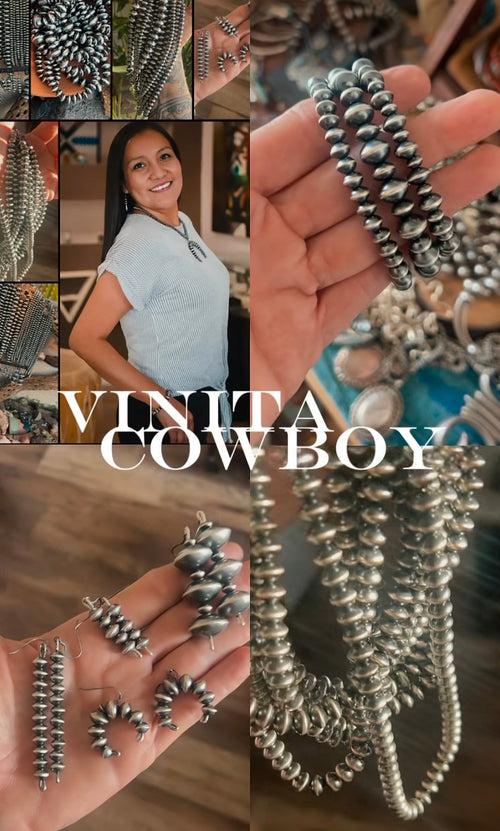 Vinita Cowboy Handmade 6, 8 & 13mm Sterling Silver Navajo Pearl Mixed Saucer Necklace, 21 inches