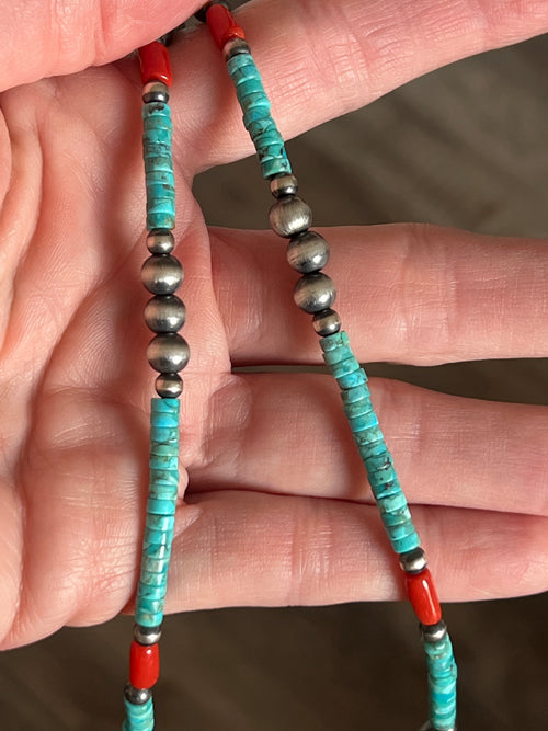 Handcrafted Summer Lovin’ Beaded Layering Necklace with Sterling Silver, Turquoise and Mediterranean Coral, 14” + 2”, The Beach Cruiser