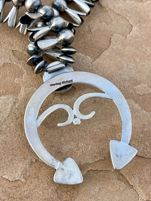 Beautiful Handmade Sterling Silver & Sonoran Mountain Turquoise Squash Blossom Necklace