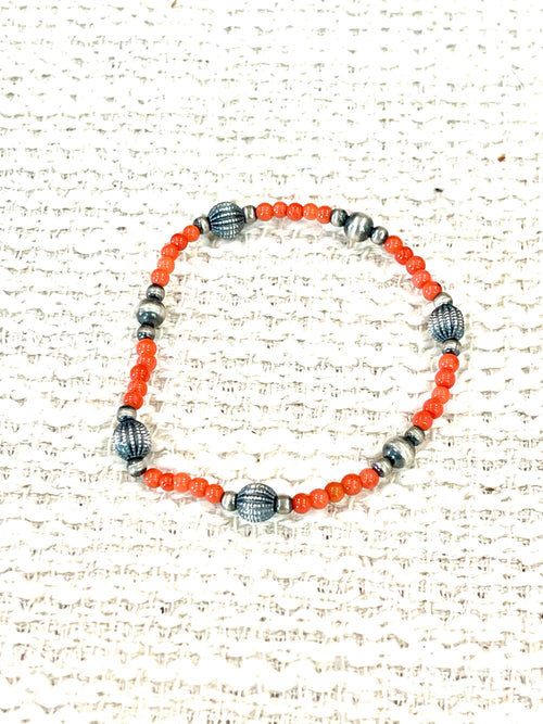 ** 4TH OF JULY ** Handmade Sterling Silver & Coral Beaded Bracelet with Signed Nizhoni