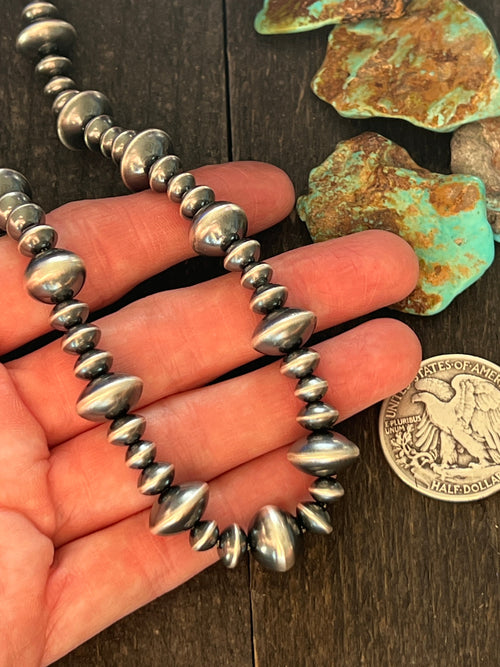 Vinita Cowboy Handmade 6, 8 & 13mm Sterling Silver Navajo Pearl Mixed Saucer Necklace, 21 inches