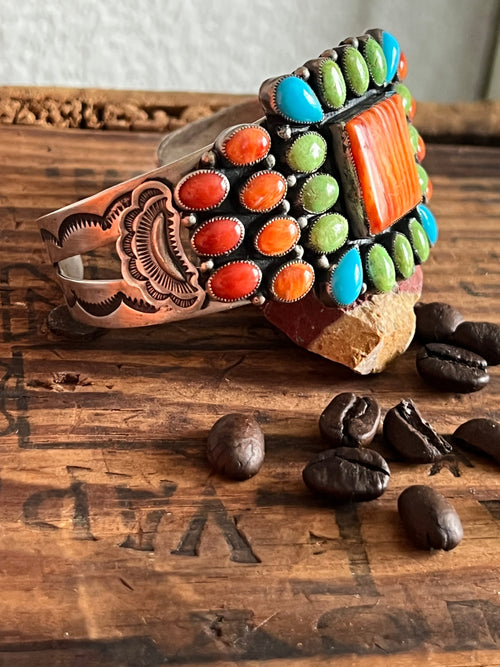 Old Pawn Don Lucas Split Stamped Sterling Silver and Multi Stone Cluster Cuff