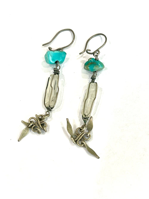 Old Pawn Handmade Sterling Silver & Turquoise Dangle Earrings