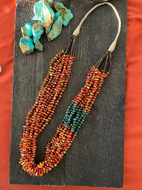 Gorgeous Santo Domingo Made Eight Strand Spiny Oyster and Turquoise Beaded Squaw Wrap Necklace by Daniel Coriz