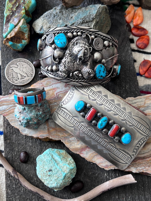 Old Pawn Sterling Silver, Kingman Turquoise & Mediterranean Coral Belt Buckle by Wilbert Meyers