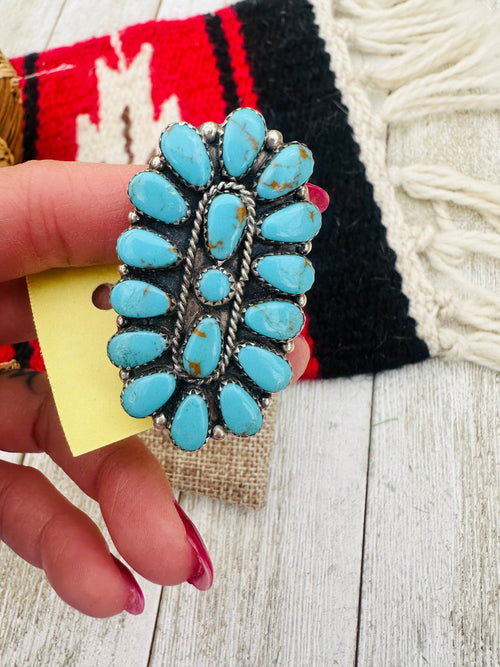 Old Pawn Handcrafted Turquoise & Sterling Silver Cluster Ring Size 9.5