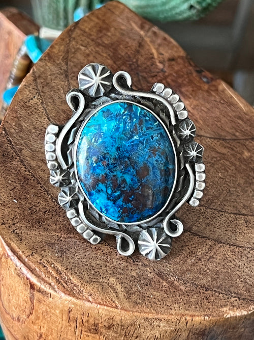 Apache Sterling Silver and Chrysocolla Azurite Ring by Rosella Paxson, Size 7