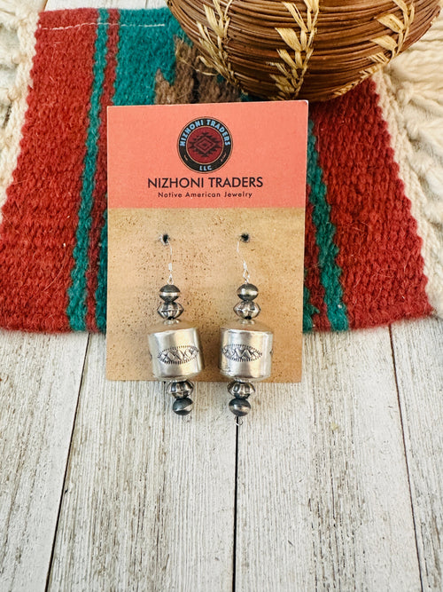 Navajo Hand Stamped Sterling Silver Pearl Dangle Earrings