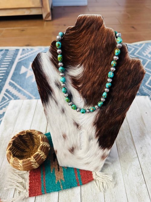 Handcrafted Sonoran Mountain Turquoise & Sterling Silver Pearl Beaded Necklace 16"