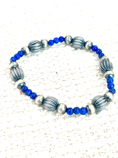 ** 4TH OF JULY ** Handmade Sterling Silver & Lapis Beaded Bracelet with Signed Nizhoni- S