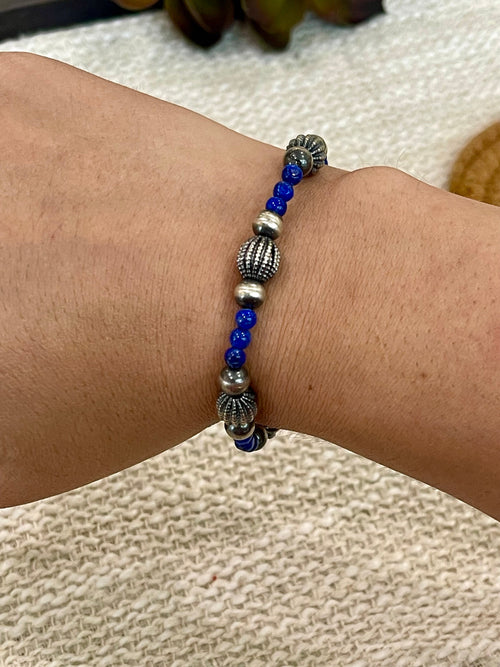 ** 4TH OF JULY ** Handmade Sterling Silver & Lapis Beaded Bracelet with Signed Nizhoni- S