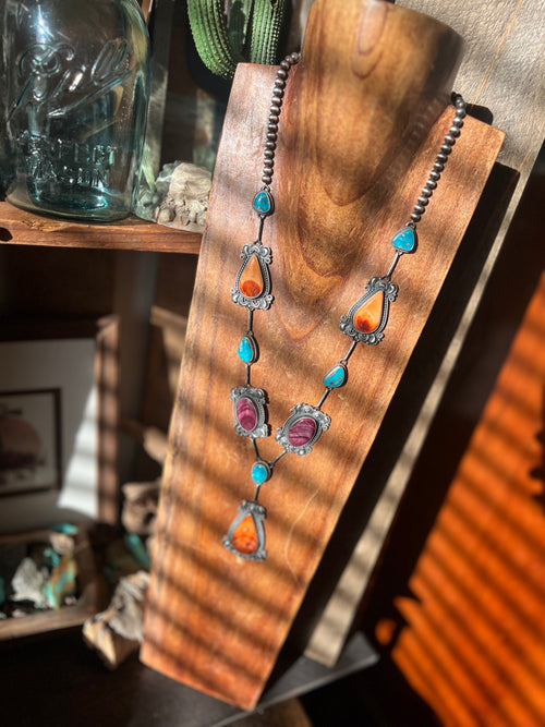 Handcrafted Sterling Silver, Spiny Oyster and Turquoise Link and Bead Necklace and Earrings Set by Derrick Gordon