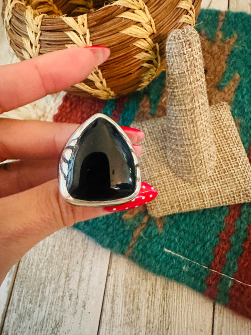Old Pawn Navajo Sterling Silver & Onyx Ring Size 9.25
