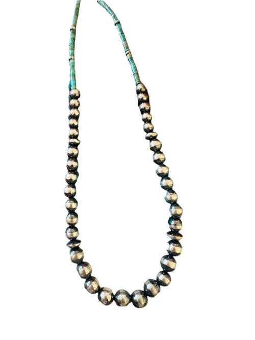 Handcrafted Turquoise & Sterling Silver Pearl 20” Beaded Necklace
