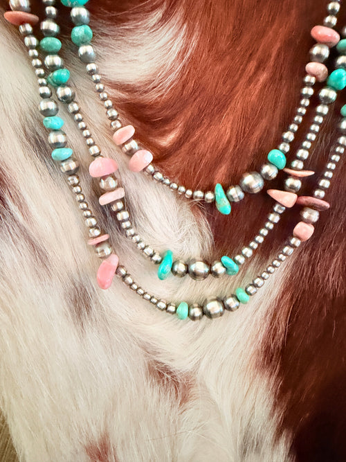 Handcrafted Turquoise, Queen Pink Conch and Sterling Silver Pearl Beaded Necklace