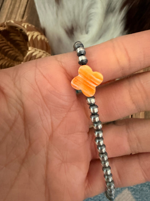 Handcrafted Orange Spiny and Sterling Silver Pearl Quatrefoil Beaded Necklace