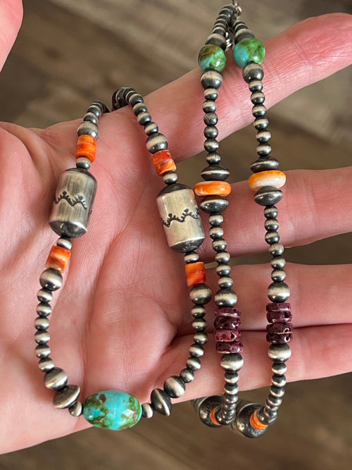 Handcrafted Electric Rainbow Sterling Silver, Turquoise and Spiny Oyster Single Strand Beaded Necklace by Rose Martin, 34 inches