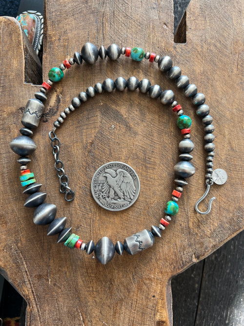 Navajo Made Electric Rainbow Sterling Silver, Turquoise and Spiny Oyster Single Strand Beaded Necklace by Rose Martin, 20 + 2 Inches