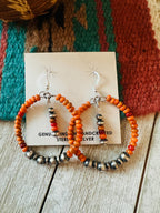 Navajo Orange Spiny & Sterling Silver Pearl Beaded Hoop Earrings