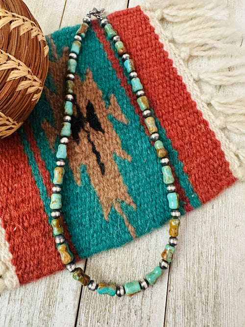 Handcrafted Kingman Turquoise & Sterling Silver Pearl 6mm Beaded Necklace 18"