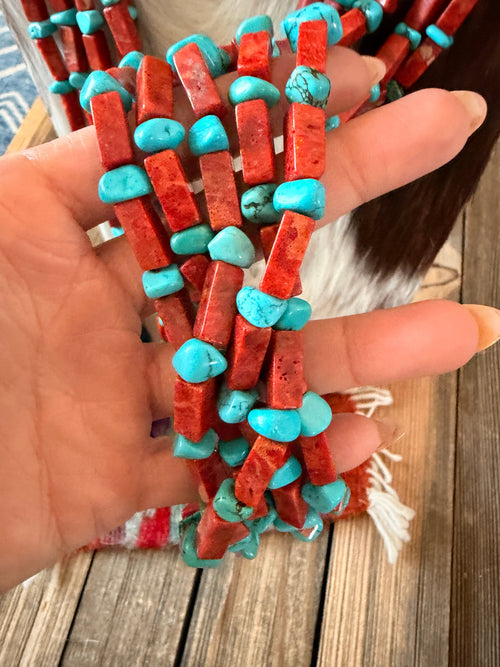 Old Pawn Handcrafted Apple Coral, Turquoise & Heishi Beaded 36” Necklace