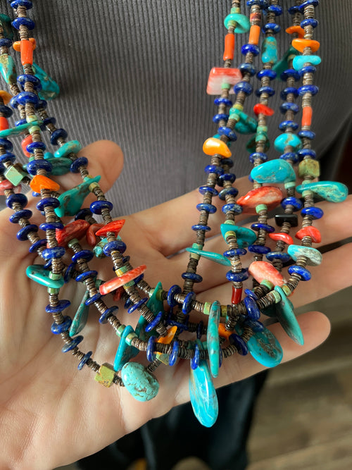 Gorgeous Santo Domingo Made Five Strand Lapis, Spiny Oyster and Turquoise Beaded Squaw Wrap Necklace with Tabs by Daniel Coriz