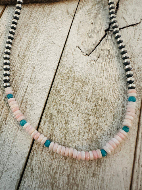 Navajo Sterling Silver Pearl, Queen Pink Conch & Turquoise Beaded Necklaces