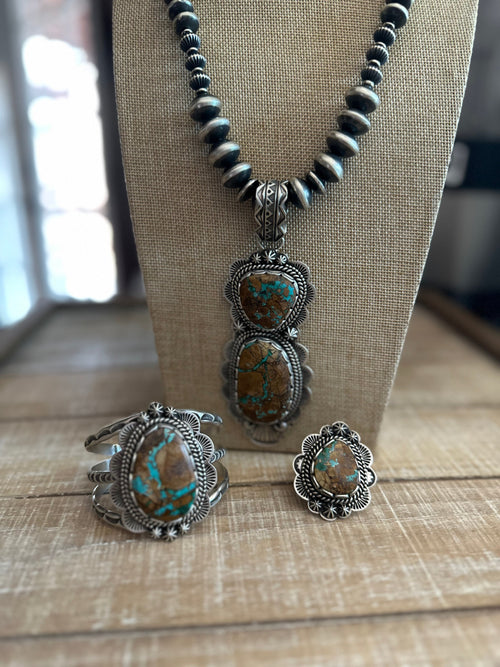 Charles Johnson Navajo Ribbon Turquoise & Sterling Silver Necklace, Bracelet and Ring Set Signed