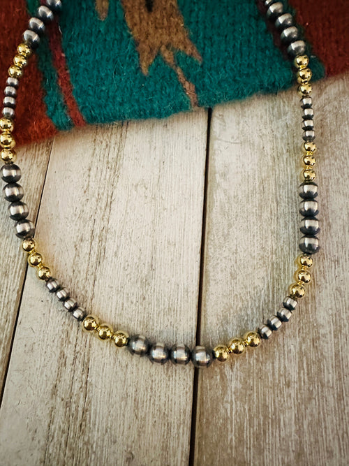 Navajo Sterling Silver & Gold Beaded 16” Necklace