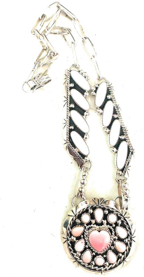 Handcrafted Queen Pink Conch & Sterling Silver Pearl Heart Necklace