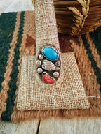Old Pawn Handcrafted Turquoise, Coral & Sterling Silver Ring Size 11.75