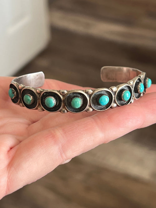 Handcrafted Vintage Sterling Silver and Round Turquoise Panel Stacker Cuff Bracelet