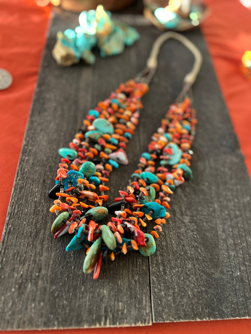 Gorgeous Handcrafted Five Strand Spiny Oyster and Turquoise Beaded Squaw Wrap Necklace with Tabs by Daniel Coriz