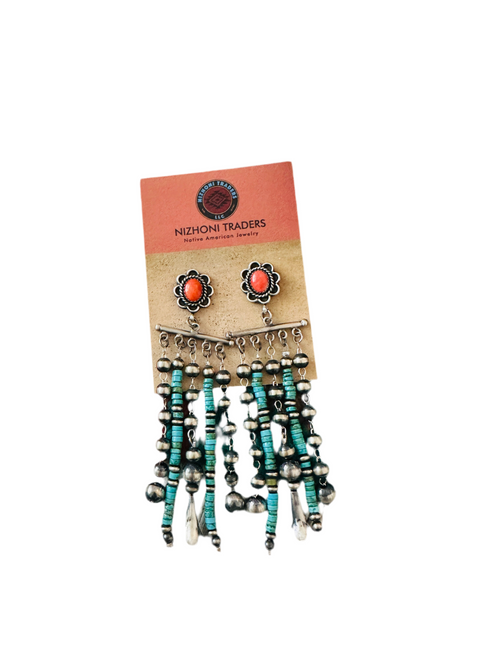 Navajo Turquoise, Coral & Sterling Silver Pearl Beaded Tassel Dangle Earrings